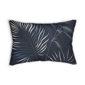 Decorative Lumbar Throw Pillow - White Line Art Palm Tree Leaves Navy Blue Background Minimalist Art - 20" Ã— 14"